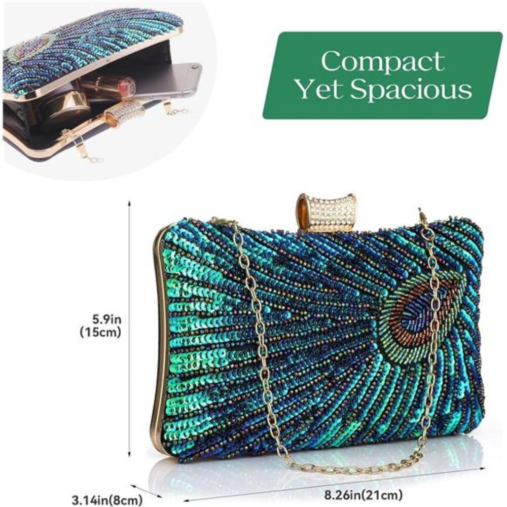 Evening Bag Clutch Purses for Women Beaded Sequin Peacock Party Handbag Wedding - Picture 2 of 7